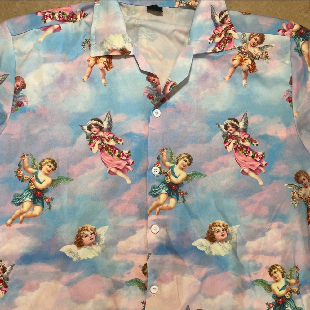 Angel Heavenly Button Up Shirt Men Size L Print Shirt Blue Pink All over Print